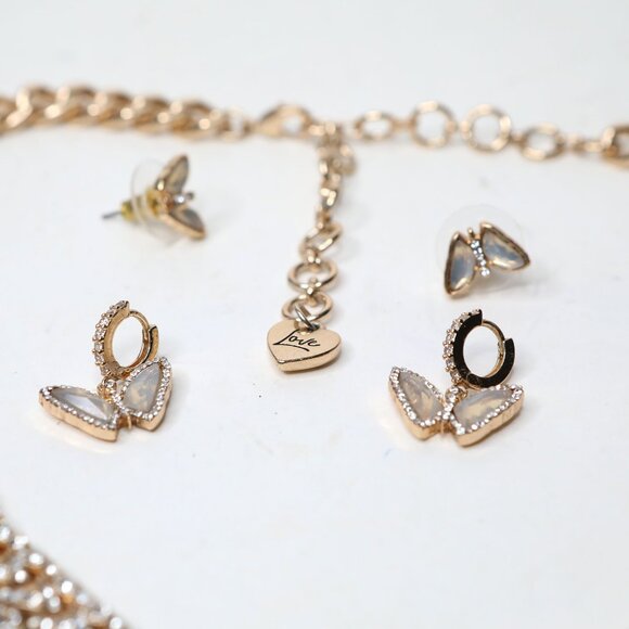 ALDO Gold Tone Chunky Chain Butterfly Necklace & Hoop Earring Set | CZ Crystal - Picture 7 of 10